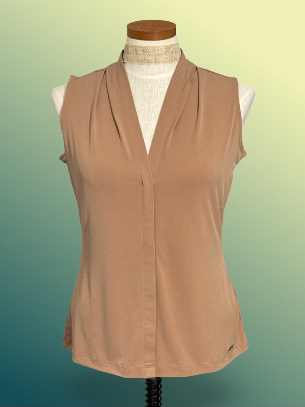 Calvin Klein Matte Jersey V-Neck Shoulder Pleat Sleeveless Pullover Top SzS